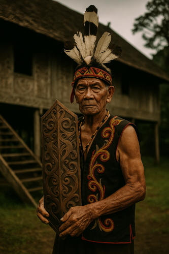 Elder Dayak Warrior by Longhouse