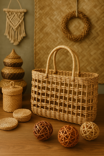 Woven Handicrafts on Wooden Surface